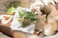 Christmas present decorated with branch in boho rustic style Royalty Free Stock Photo