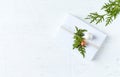 Christmas present decorated with evergreen twigs on white background. Flat lay. Copy space