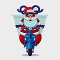 Christmas present delivery. Santa Claus riding on a vintage moto bike.Online store holiday courier service. Royalty Free Stock Photo