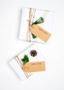 Christmas present gift boxes collection with tag for mock up template design. Royalty Free Stock Photo