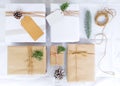 Christmas present gift boxes collection with tag for mock up template design. Royalty Free Stock Photo