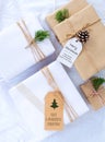 Christmas present gift boxes collection with tag for mock up template design Royalty Free Stock Photo