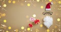 Christmas present or gift for Secret Santa with Santa hat, glasses and beard on golden celebration background