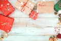 Christmas present gifts box and snow on wooden background Royalty Free Stock Photo