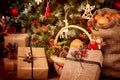Christmas Present Gifts Decoration, Xmas Tree Toys, Scene with Retro Burlap Decor, red berry pine cones
