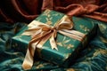 christmas present in green wrapping paper with gold ribbon