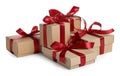 Christmas present. Many kraft gift boxes on white background