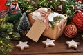 Christmas present in rustic style with paper label Royalty Free Stock Photo