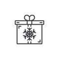 Christmas present symbol. Gift box with snowflake line icon, out