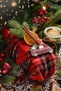 Christmas present wrapped in tartan scarf with decors as creative idea Royalty Free Stock Photo