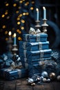 Christmas presents with candles and ornaments on a wooden table, AI Royalty Free Stock Photo