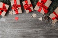 Christmas Presents Decor On Wooden Table Background