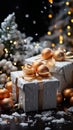 Christmas presents with gold and orange decorations on a dark background, AI Royalty Free Stock Photo