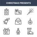 9 christmas presents icons pack. trendy christmas presents icons on white background. thin outline line icons such as boot, ball, Royalty Free Stock Photo