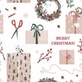 Christmas presents in kraft paper with becoration items, scissors and wreath. Xmas retro gift box background, eco