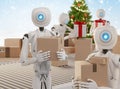 Christmas presents logistics pack gifts ready to ship with autonomous robots 3d-illustration