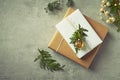 Christmas presents with natural evergreen twigs on gray background. Flatlay. Copy space