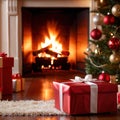 Christmas presents next to fireplace, traditional holiday custom of sharing and giving gifts