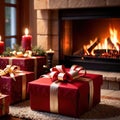 Christmas presents next to fireplace, traditional holiday custom of sharing and giving gifts