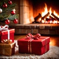 Christmas presents next to fireplace, traditional holiday custom of sharing and giving gifts