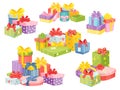 Christmas presents piles, birthday gift box stacks. Cartoon mountains of gifts boxes, pile of wrapped present packages
