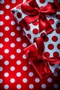 Christmas presents on polka-dot red textile holidays concept Royalty Free Stock Photo