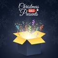 Christmas presents. Poster for the christmas sale. Open dark gift box. Confetti and colorful multicolored ribbons. Christmas prese Royalty Free Stock Photo