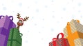 Christmas Presents and reindeer peeking while white snowflakes falling in white background retail advertising