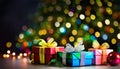 Christmas Presents with Ribbons and Bokeh Holiday Lights