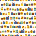 Gift boxes in a row seamless vector pattern. Presents with ribbons red, yellow and blue on a white background. Great for Birthdays Royalty Free Stock Photo