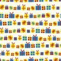 Christmas presents in a row seamless vector pattern. Gift boxes with bows red, yellow and blue on a white and beige snowflakes Royalty Free Stock Photo