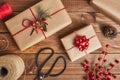 Christmas presents on rustic wooden background Royalty Free Stock Photo