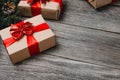 Christmas Presents Set On Rustic Wooden Surface