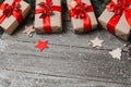 Christmas Presents On Snow Covered Table Surface