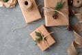 Christmas presents sustainable boxing and wrapping, holiday celebration preparing. Gift boxes in crafted paper