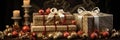 Christmas presents on a table with candles and ornaments, AI Royalty Free Stock Photo