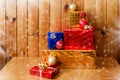 Christmas presents on wooden background Royalty Free Stock Photo