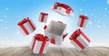 Christmas presents on wooden snow background 3d-illustration