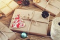 Christmas presents on a wooden table closeup