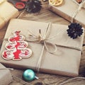 Christmas presents on a wooden table closeup