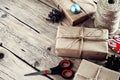 Christmas presents on a wooden table