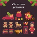 Christmas presents collection. Toys and gifts flat illustration Royalty Free Stock Photo