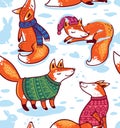 Snowy seamless pattern with cartoon foxes in cozy sweaters.