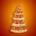 Christmas promotion flyer with pepperoni pizza slice in shape of Christmas tree orange background. Creative new year poster pizza