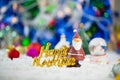 Christmas props decorations on christmas snow field background w