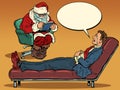 A christmas psychotherapy session. The psychotherapist santa claus sees a businessman man, the patient is lying on the