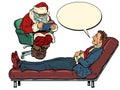 A christmas psychotherapy session. The psychotherapist santa claus sees a businessman man, the patient is lying on the