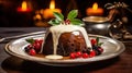 Christmas pudding with Brandy Sauce, Traditional festive dessert in a seasonal setting Royalty Free Stock Photo