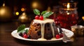 Christmas pudding with Brandy Sauce, Traditional festive dessert in a seasonal setting Royalty Free Stock Photo