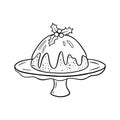 Christmas pudding with holly berries and leaves, line art drawing.